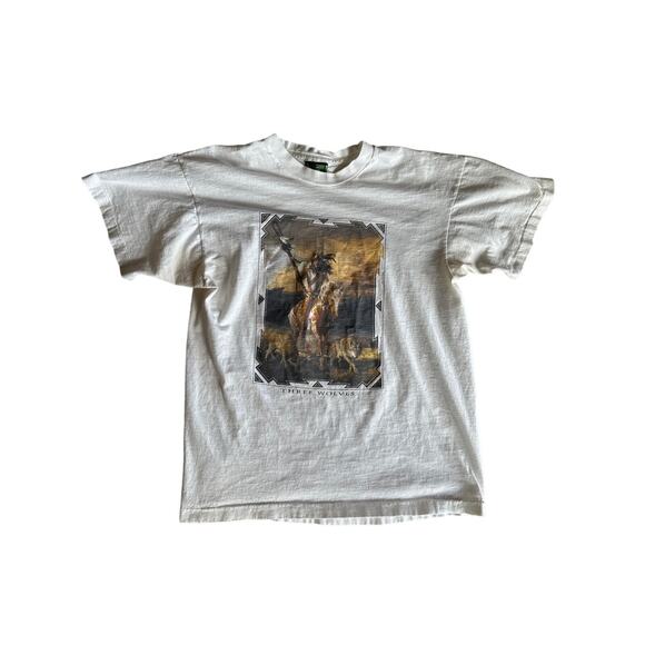 VTG Three Wolves Hermon Adams Artwork USA Made Single Stitched L White T-shirt - Picture 1 of 6